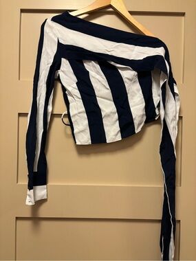 ZARA One Shoulder Asymmetrical Crop Top Long Sleeve Wrap Tie Sash Navy Stripe